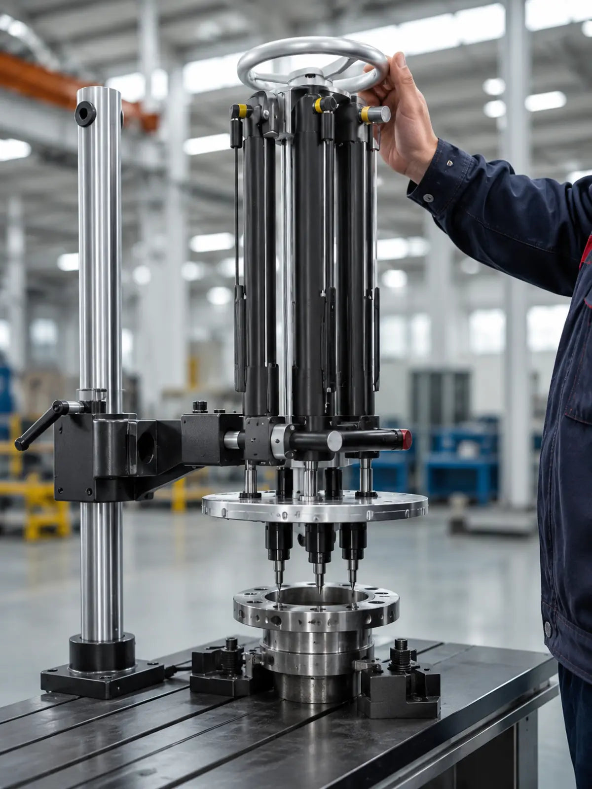 YEBO B018 multi-axis spindle box in vertical working posture above a flange fixture
