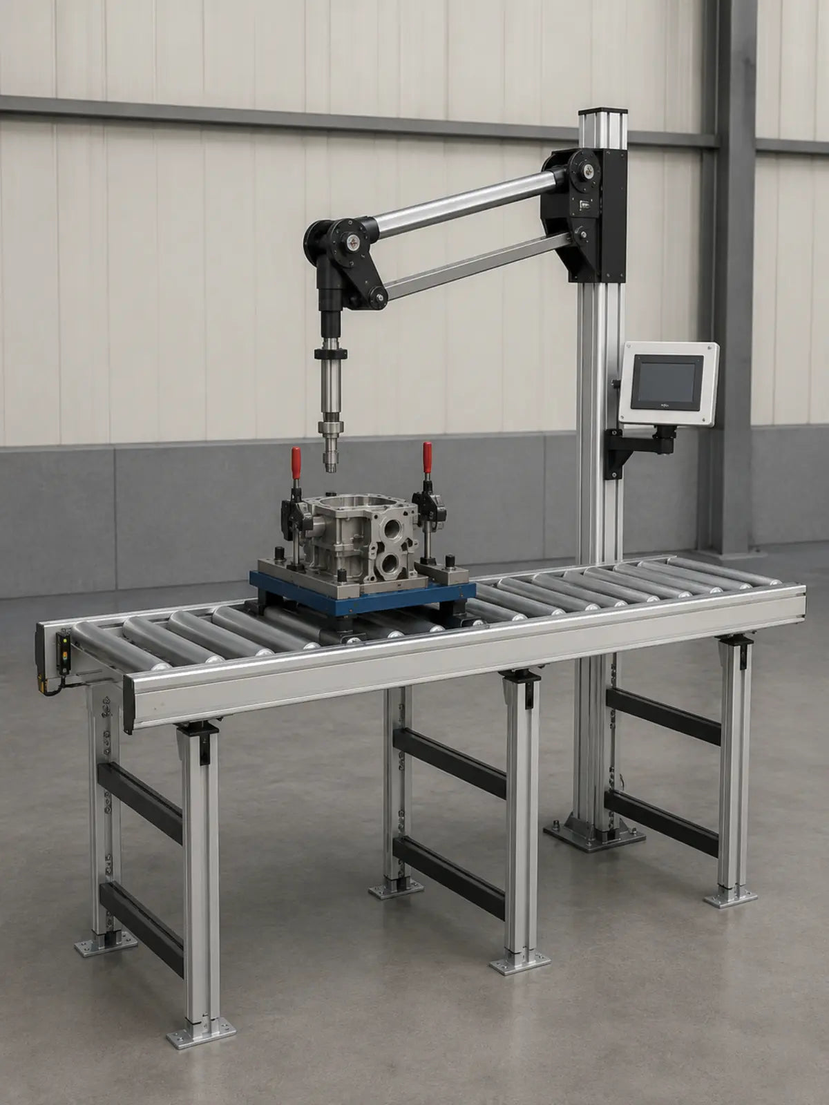YEBO B028 conveyor workstation with rigid torque arm, fixture sensors and optional position control