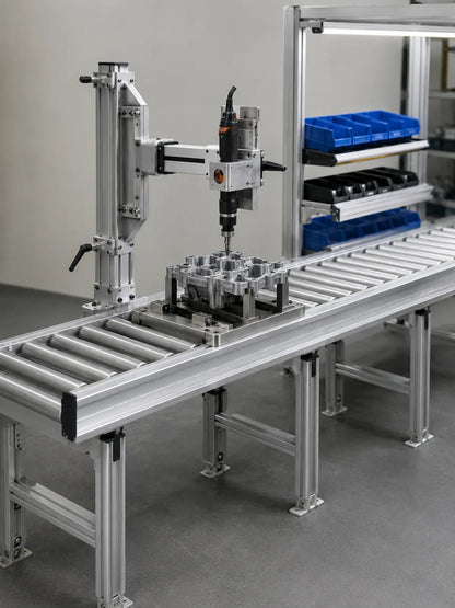 YEBO B028 roller conveyor assembly workstation with rigid torque arm, mechanical clamp and pallet fixture