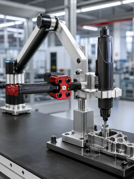 HB Torque workstation integrating YEBO YBA-B003 standard industrial handle and rigid torque reaction arm