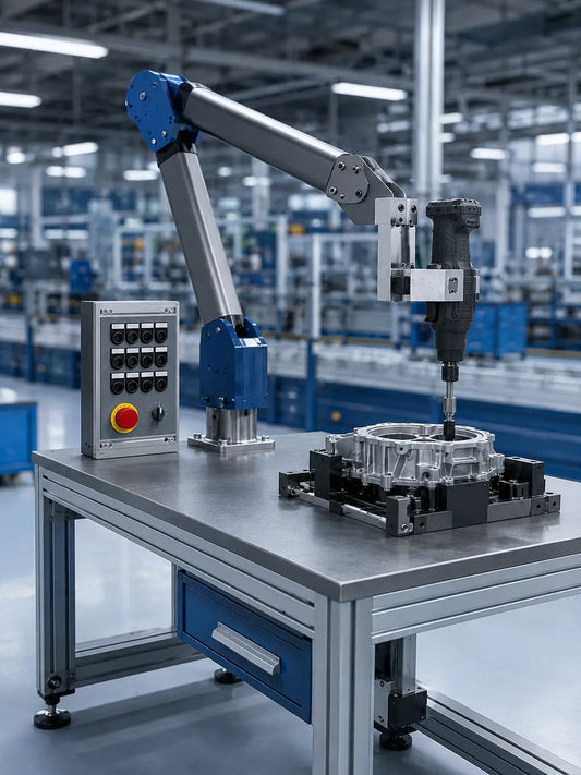 HB Torque YEBO YBA-B004 modular button box tightening workstation with rigid torque reaction arm and mechanical tool clamp