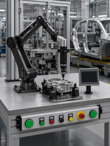 YEBO YBA-B004 horizontal modular pushbutton panel integrated with a rigid reaction arm assembly workstation