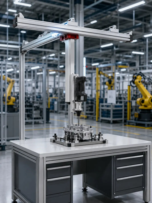 HB Torque YEBO YBA-B007 lift-assist torque arm workstation with B031 X-Y rail, rigid vertical arm and mechanical tool clamp