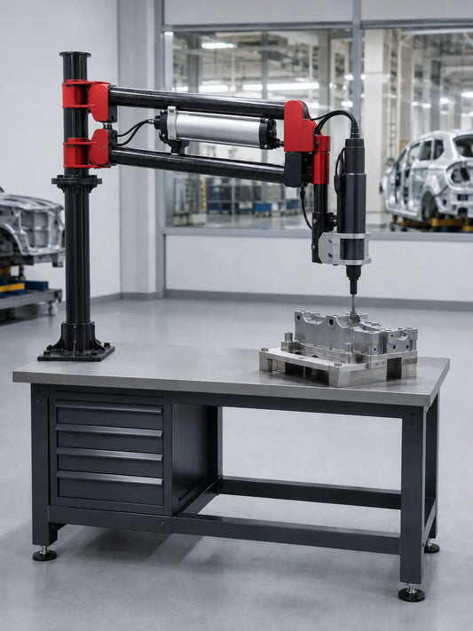 YEBO YBA-B008 100Y carbon-fiber articulated folding torque arm workstation with rigid mechanical tool clamp and fixture