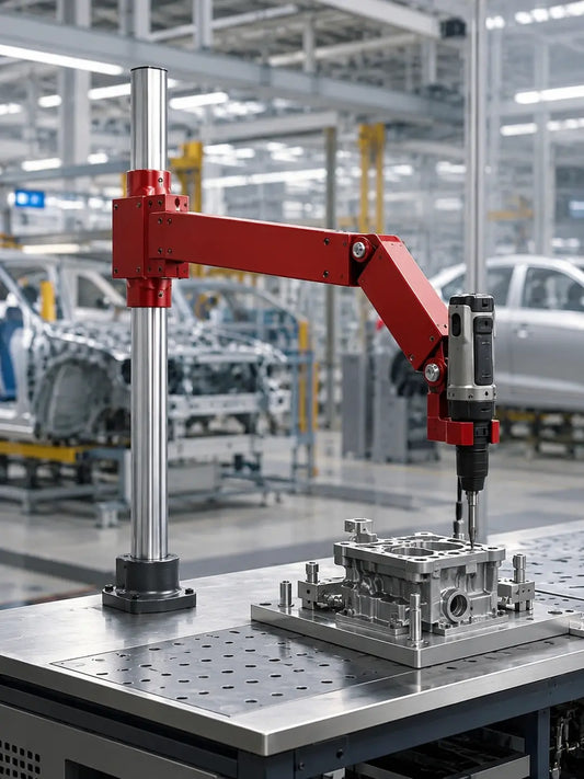 HB Torque YEBO YBA-B008 TAW desktop folding torque arm workstation with rigid articulated links and mechanical tool clamp