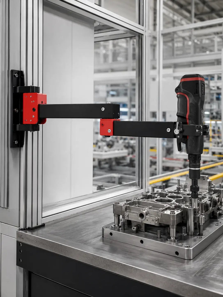 HB Torque YEBO YBA-B008 TAWD side-mounted articulated folding torque arm workstation with mechanical tool clamp