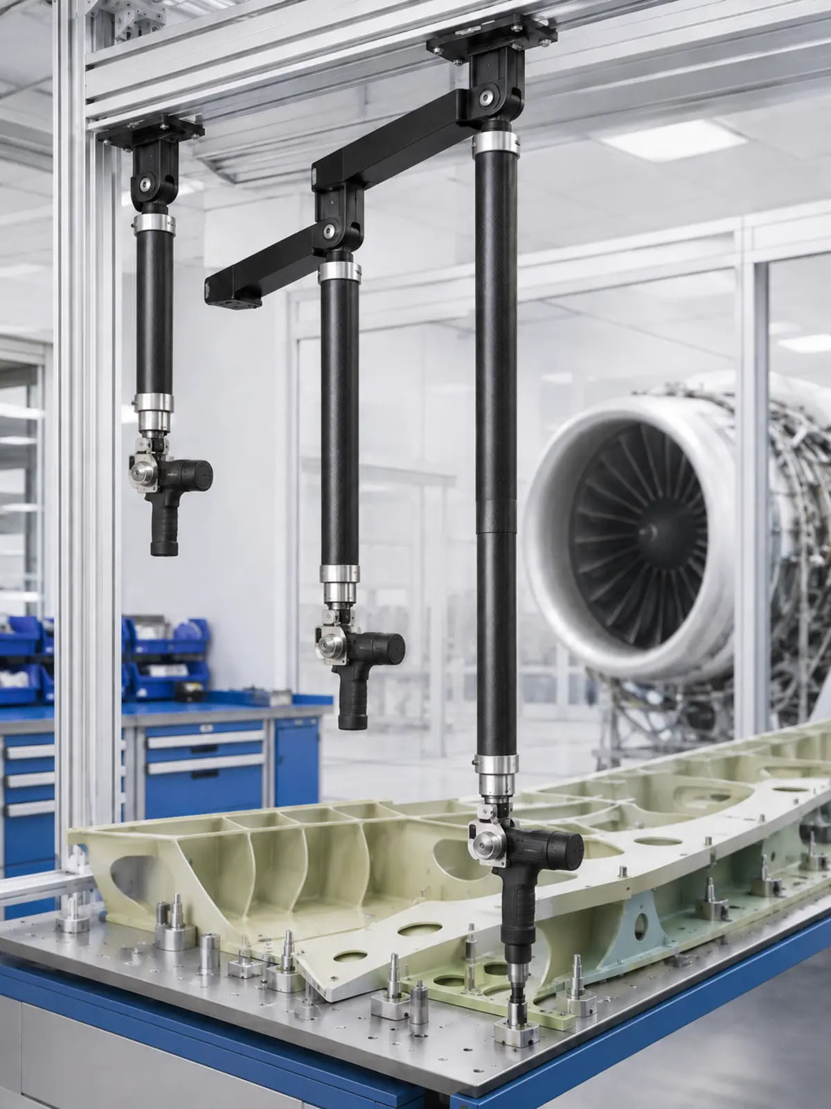 YEBO YBA-B009 carbon-fiber telescopic torque arms at multiple extension lengths over an aerospace assembly fixture
