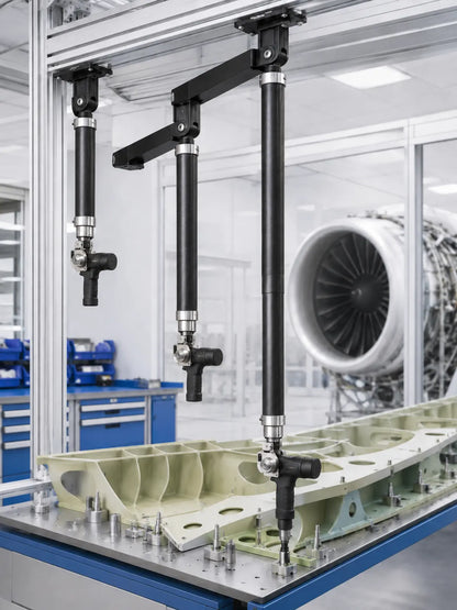YEBO YBA-B009 carbon-fiber telescopic torque arms at multiple extension lengths over an aerospace assembly fixture