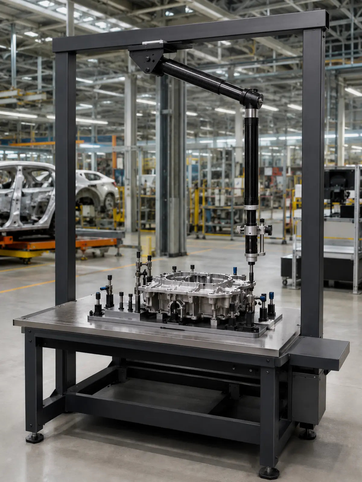YEBO YBA-B009 CA carbon-fiber telescopic torque reaction arm workstation with rigid gantry, mechanical tool clamp and gearbox fixture