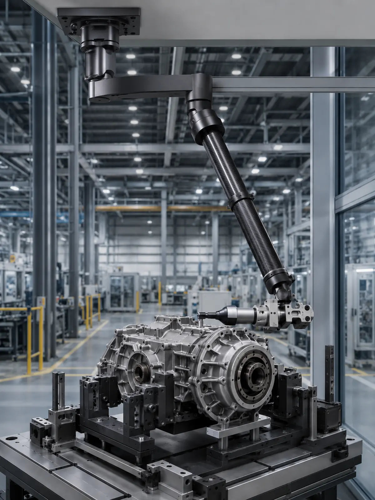 YEBO YBA-B009 CA rigid carbon-fiber telescopic torque arm supporting a customer-owned nutrunner at a gearbox fixture