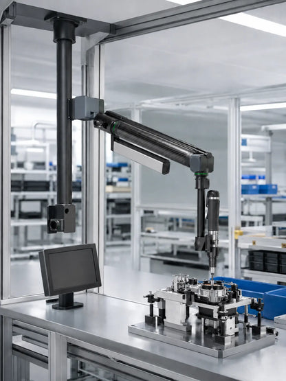 YEBO YBA-B009 carbon-fiber telescopic torque arm workstation with optional position sensing and blank operator interface